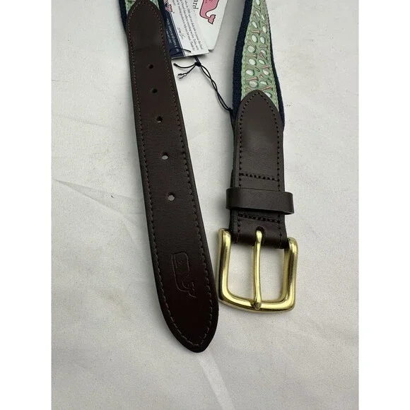 Vineyard Vines Belt Mens 30 Golf Tees Balls Brown Leather Blue Canvas NWT - Picture 3 of 10